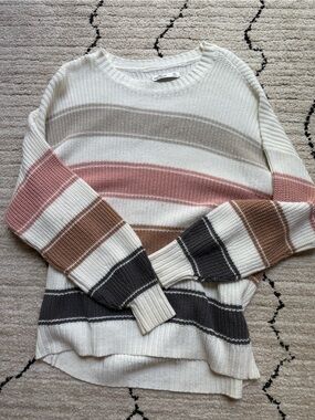 Hollister Cream Sweater with Pink, Brown, Gray Stripes